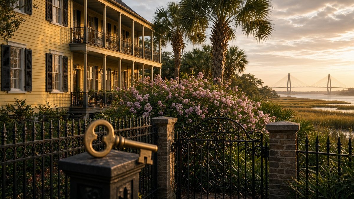 Best mortgage company in Charleston SC: yellow single house with piazzas, palmettos, marsh and a cable-stayed bridge, with a brass key on a fence post