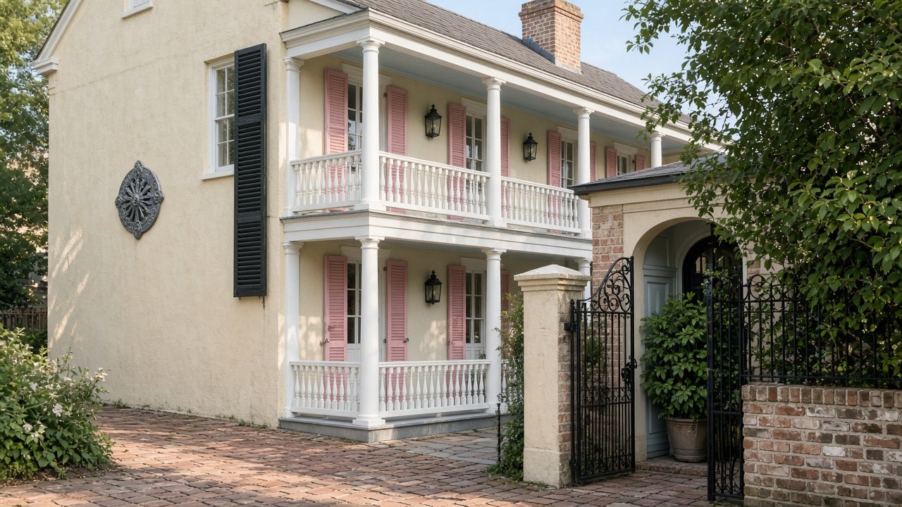 Historic Charleston single house with stacked piazzas, pink shutters, iron gate and earthquake bolt plate