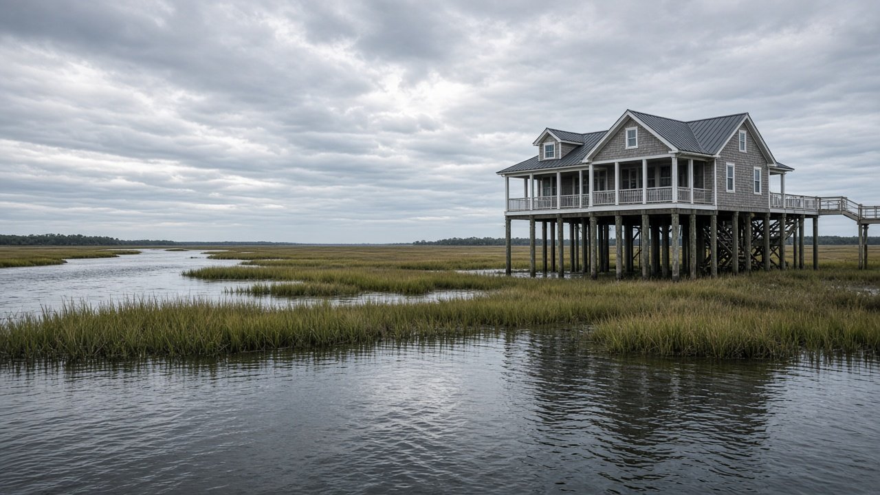 Raised Lowcountry home on pilings beside a tidal salt marsh, for a Charleston flood zone home buying guide