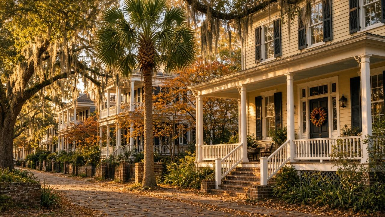Charleston SC street with piazza homes, palmettos and live oaks in fall, for the Charleston housing market report