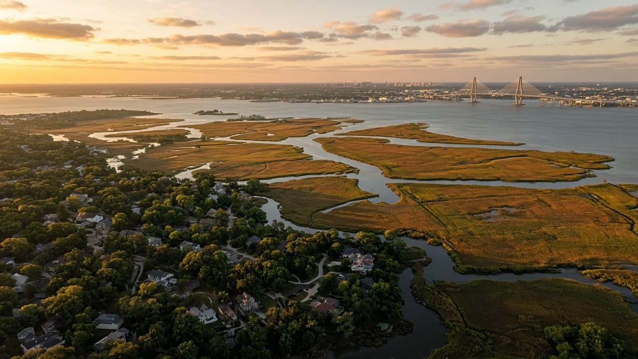 Aerial view of Charleston SC area neighborhoods, tidal creeks and marsh with a cable-stayed bridge at sunset