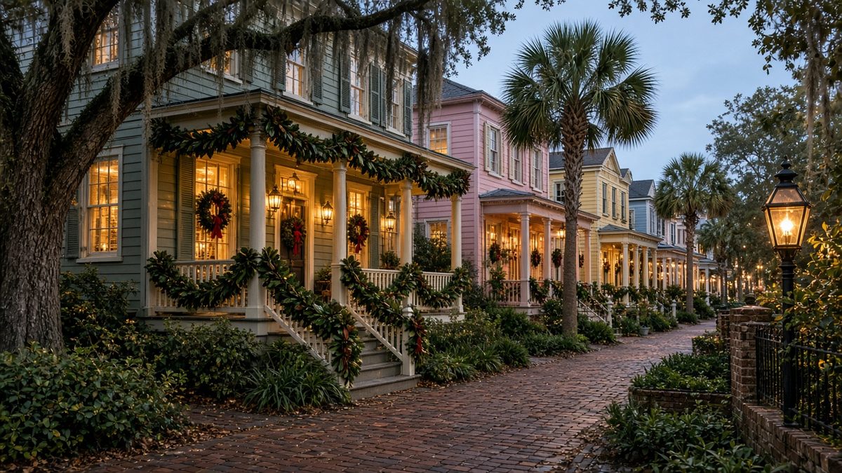 Charleston SC piazza homes decorated with magnolia garlands and wreaths at dusk, for a guide to buying a home in Charleston in winter